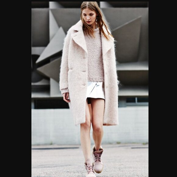 H&M Wool Alpaca Mohair Poly Blend Fuzzy Baby Pink Pocketed Teddy Coat women 10 - Picture 15 of 15